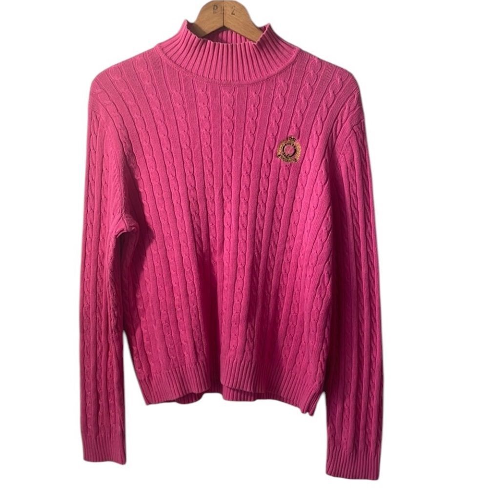Lauren Ralph Lauren Vtg pink cable knit ribbed Mock neck sweater Preppy Size L